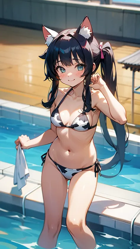 Cat ears and cow print bikini　Long twin tail hair　　Rooftop pool　smile　Cute Girls