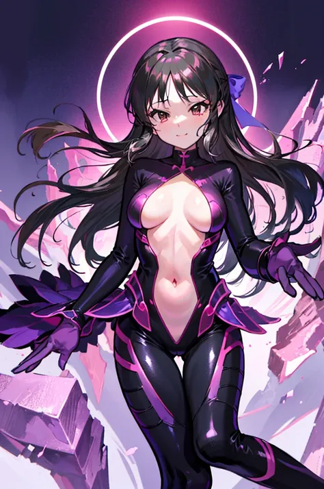 Highest quality　Best image quality　Adult-like body type　Draw a face carefully　High quality anime style faces　Super shiny skin　Black and purple leotard　Pink Pantyhose　Succubus　Lure　smile　Rear View