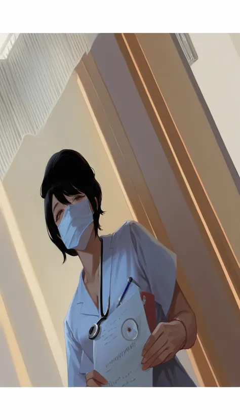 Arabian woman in a white shirt holding a piece of paper, doctor, Yoshitomo Nara, Nurse師, (doctor), Nurse師 girl, Nurse, Wearing a patient gown at the hospital, Beasts, 4k Posts, 4K Post, Happy!!!, With a stethoscope, 8K))