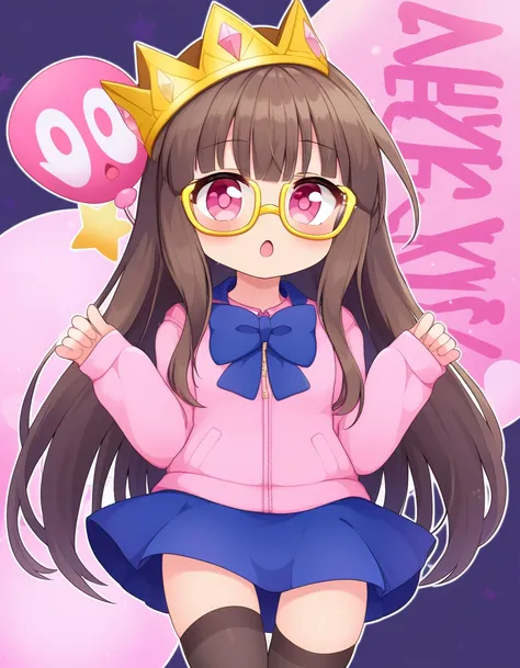 detailed youtube banner design with text "Dicky" anime style, young woman, brown long hair, pink strand, pink eyes, pink jumper, gold Crown, yellow star shaped glasses, blue skirt