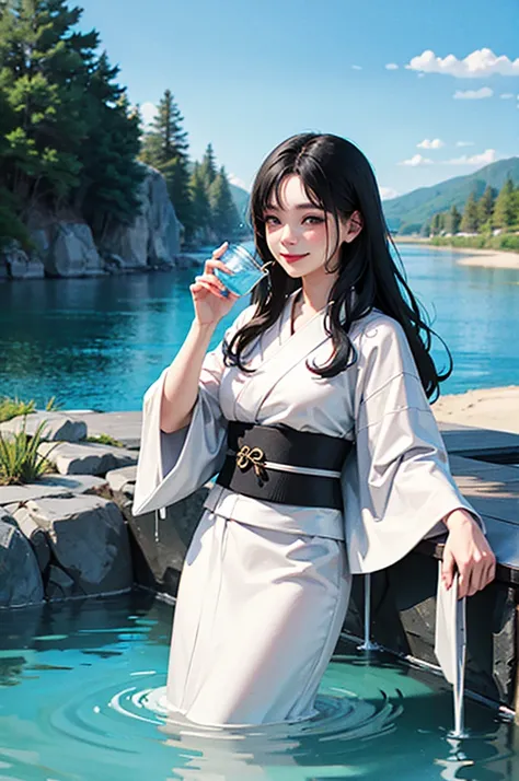 Smiling beautiful woman with black hair and white kimono drinking water under the blue sky