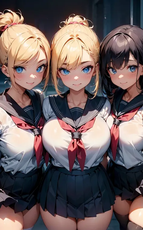 (Cute eyes:1.2), (Sparkling eyes:1.2),(Beautiful Eyes:1.2), Highest quality,wonderful,finely,Highly detailed CG Unity 8k wallpaper, (The three of them lined up and hugged:1.2),(Three people with different physiques:1.3), (Three Girls, Sailor suit, Skinny b...