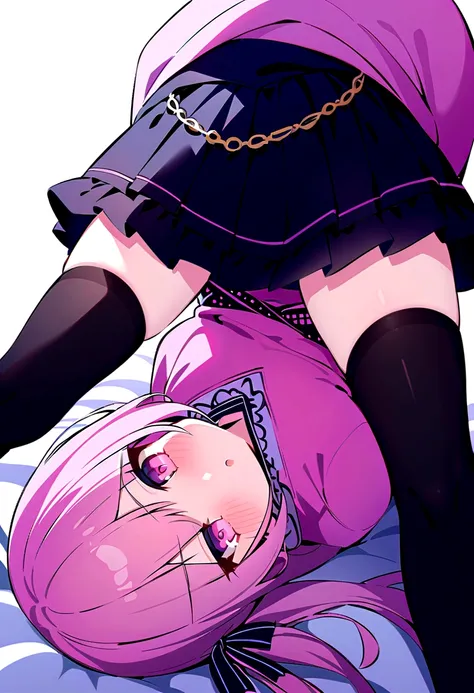 pink hair black glasses pink eyes extremely blushing a large pink sweater short black skirt at the waist chains black stockings that she is a reserved girl her bed that she is on her knees touching her butt