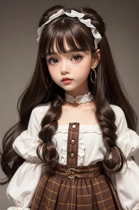 A doll with dark brown hair and dark brown eyes wearing a funky outfit