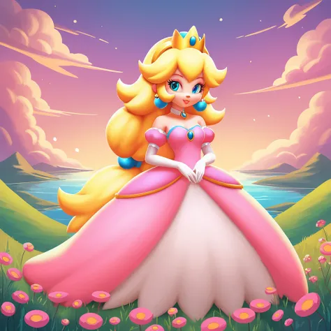 super fluffy Princess Peach in dreamworks art style, evening background