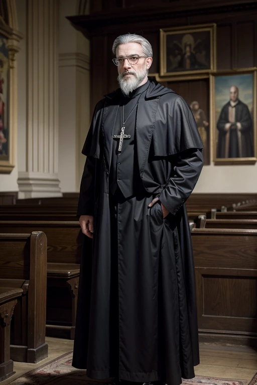 Full body slim man; 1,75; 70 years old; Sparse beard with gray strands; short hair with gray highlights; Antique rounded glasses; cassock;  rosary; slight charismatic smile; paternal; calm and determined look; background of a church with historical paintin...