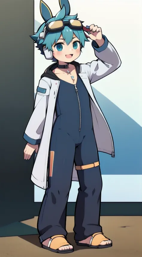 2D Shonen Shota，One-piece racing suit，Slim, healthy body，Put the headphones on your head，stand up，goggles，Rabbit ears，Happy，Sailor collar，tie，zipper，hood，Trench coat