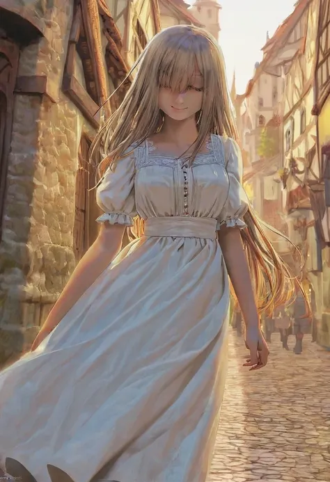 1girl,	(anime coloring:1./2),	perfect_anatomy,	best quality,	anime scene,	otherworldly,	downturned eyes,	cool beauty,	beautiful_hair,	straight hair,	white long hair,	slim,	slender,	feminine,	heartwarming smile,	german clothes,	standing,	demacia city,	Old t...