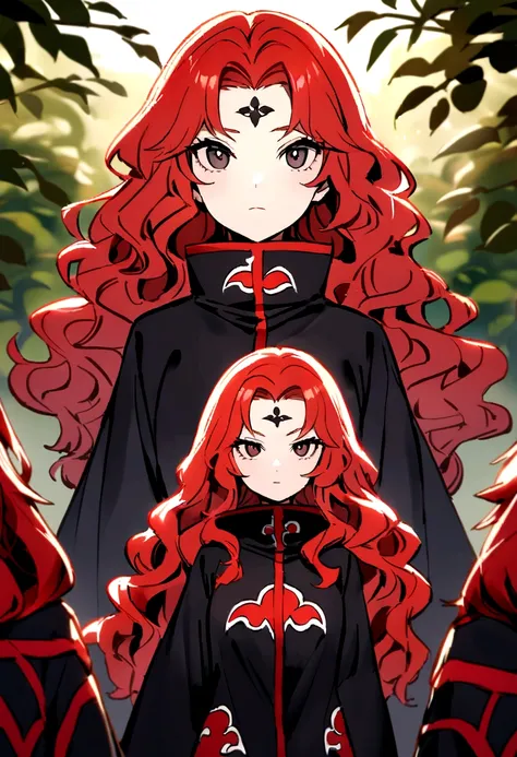 Redhead girl with wavy hair, with black eyeliner, visiting akatsuki outfit, with the sharingan in both eyes, On his forehead he wears a band with the village plaque between the leaves, She is facing the camera and behind her there is a red crocodile-shaped...