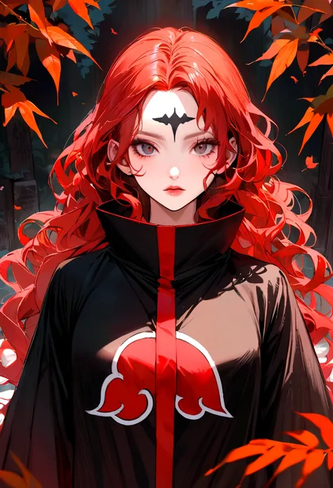 Redhead girl with wavy hair, with black eyeliner, visiting akatsuki outfit, with the sharingan in both eyes, On his forehead he wears a band with the village plaque between the leaves, She is facing the camera and behind her there is a red crocodile-shaped...