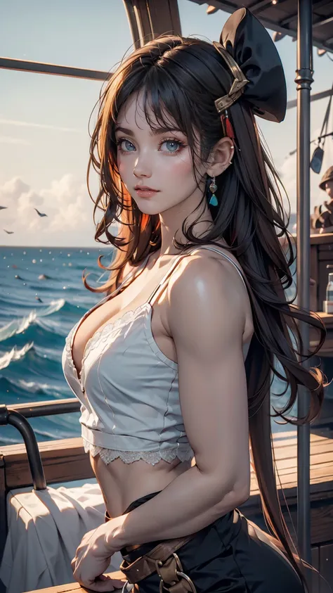 Gorgeous pirate girl on a pirate ship at sea, sexy girl, Short curly dark blonde hair, Oily skin, sexy masterpiece, Highest quality, Highest quality, High resolution, Very detailed, 8K, Athletic and healthy body, mischief, Perfect hands, Fine hand, Perfect...