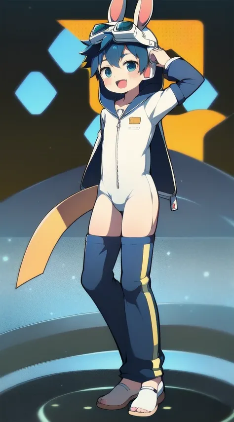 2D Shonen Shota，One-piece racing suit，Slim, healthy body，Put the headphones on your head，stand up，goggles，Rabbit ears，Happy，Sailor collar，tie，zipper，hood，Trench coat