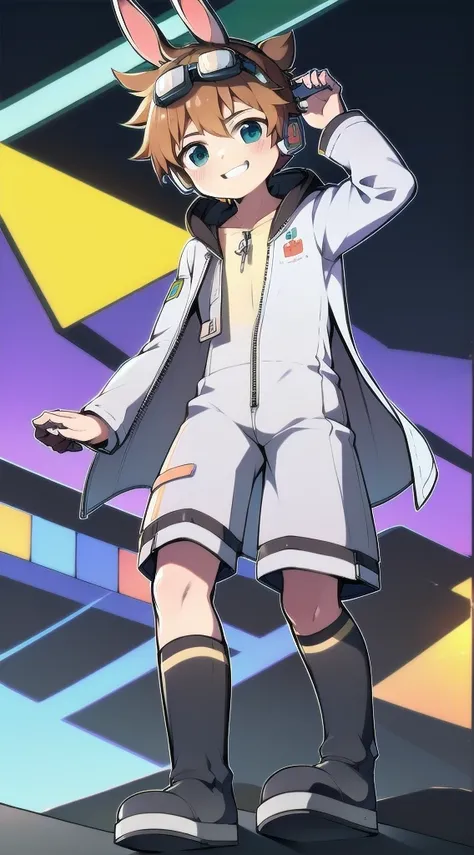 2D Shonen Shota，One-piece racing suit，Slim, healthy body，Put the headphones on your head，stand up，goggles，Rabbit ears，Happy，Sailor collar，tie，zipper，hood，Trench coat