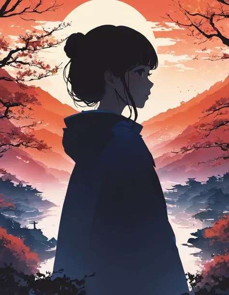 Silhouette of a girl, Lots of Japanese scenery , Modern Japanese Landscape, close, Double Exposure, No background、Please make the background color a single color with a gradient.、