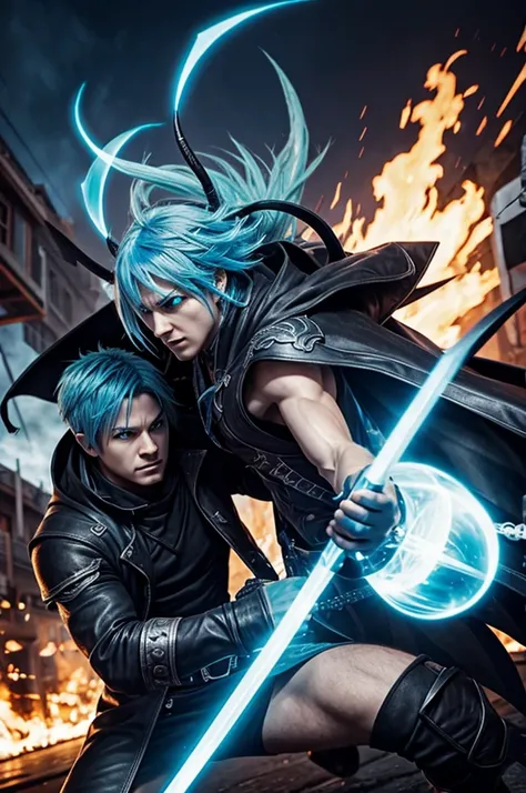 A demon hunter with light blue hair fighting an anime demon