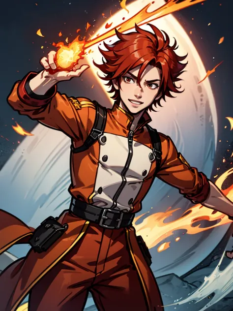 A young man，Red hair，flame，Cheerful，Sunlight，Orange clothes，brave，Fire Element，confidence，Standing，Ultra HD，Handsome，Mage