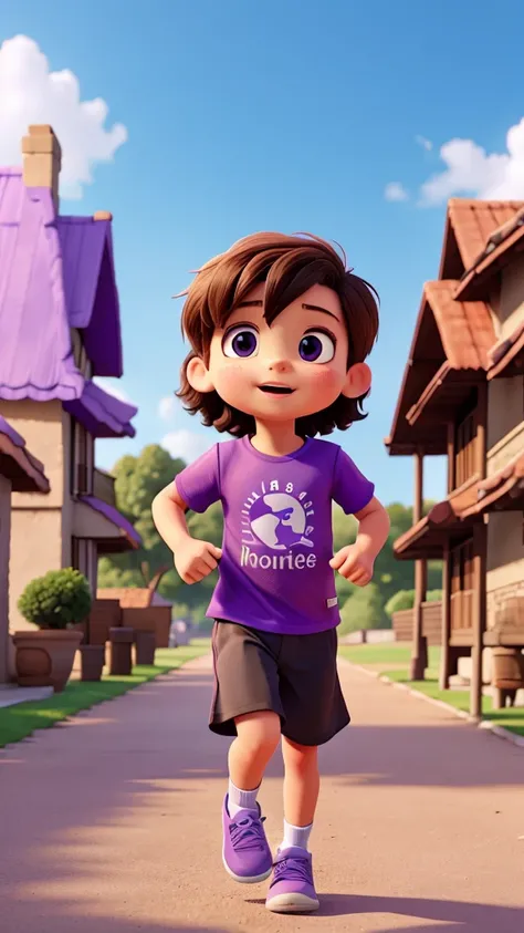 Children run on route with T-shirt purple