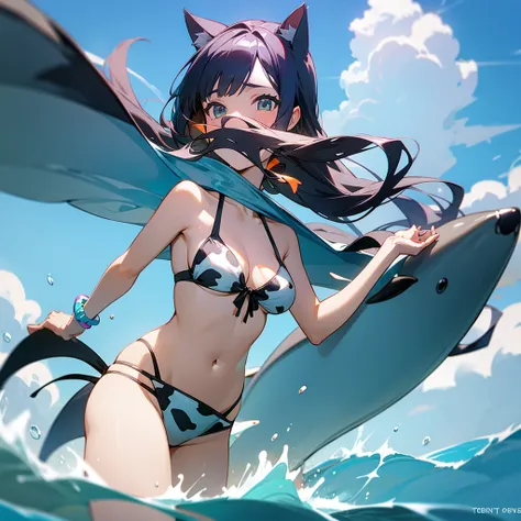 　Cat ears cow print bikini swimsuit　Cute Girls　Swim with dolphins