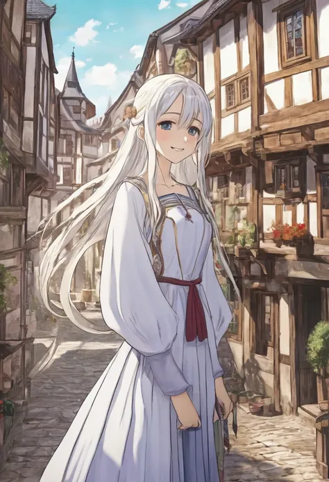 1girl,	(anime coloring:1./2),	perfect_anatomy,	best quality,	anime scene,	otherworldly,	downturned eyes,	cool beauty,	beautiful_hair,	straight hair,	white long hair,	slim,	slender,	feminine,	heartwarming smile,	german clothes,	standing,	demacia city,	Old t...