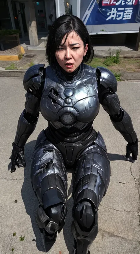 ((lie face up on the ground))((full body shot))middle-aged women　sweaty face、black weight robot suit、full black armor, black hai...