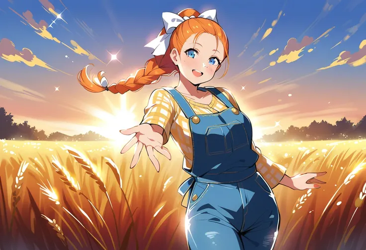 pewarnaan character, visual illustration, @ANN, aged up, 1girl, ponytail, braided ponytail, single braid, solo, (overalls), outdoors, sky, wheat, field, (blue overalls), smile, blue eyes, wheat field, looking at viewer, breasts, long sleeves, yellow shirt,...