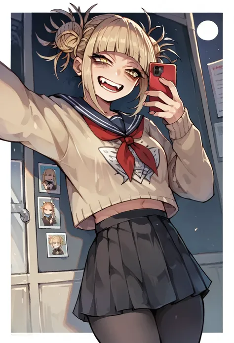 Himiko toga while reaching out and taking a selfie and dressed in a sexy gothic black outfit, with black tights and skirt and revealing (whole body) 