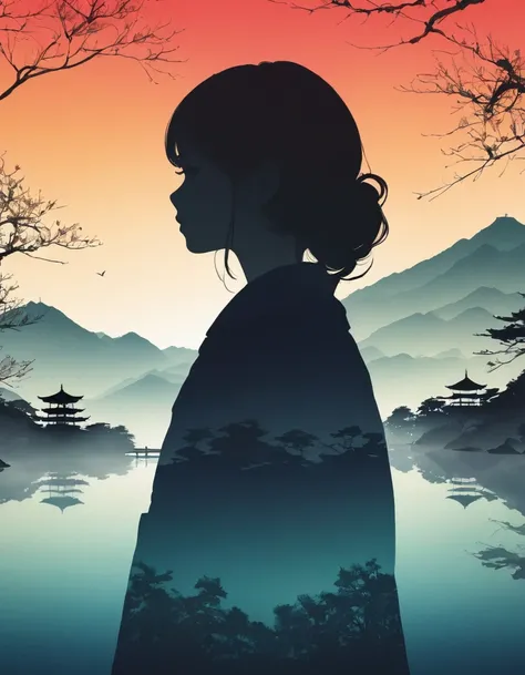 Silhouette of a girl, Lots of Japanese scenery , Modern Japanese Landscape, close, Double Exposure, Gradient Background