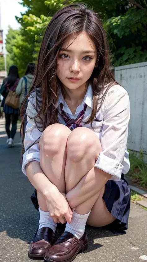 (High school girls walking on Tokyo street:1.2、blue sky)、((school uniform、blazer、Pleated skirt、Navy blue socks、loafers)、the wind is strong、(Realistic、Like a photograph、Live Action、8K, Realistic, RAW Photos, Best image quality: 1.4), Single-lens reflex came...