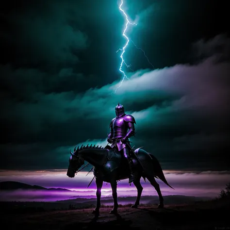 There is a silhouette of a knight. He appears to be ready for battle, with a firm stance and a sword in his hand, behind the knight, stands a massive and menacing dragon. His eyes glow with an ominous purple light. The dragons scale suggests its power and ...