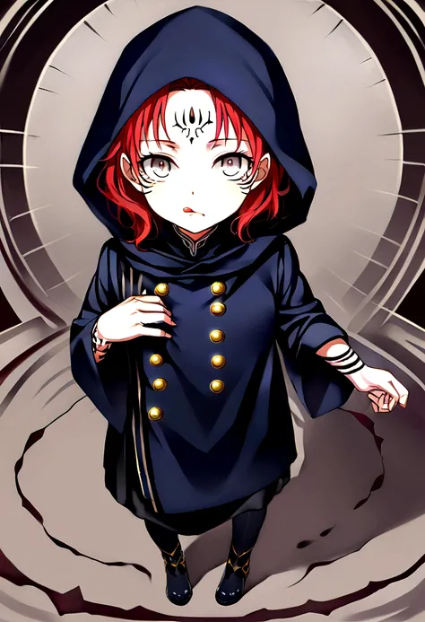 short red hair not too far below the shoulder but not too far above the shoulder, wavy hair, a dark blue jujutsu outfit with gold buttons, a dark blue hood, that&#39;s always in your head, the sleeves of the clothing at the hem were wide and long but did n...