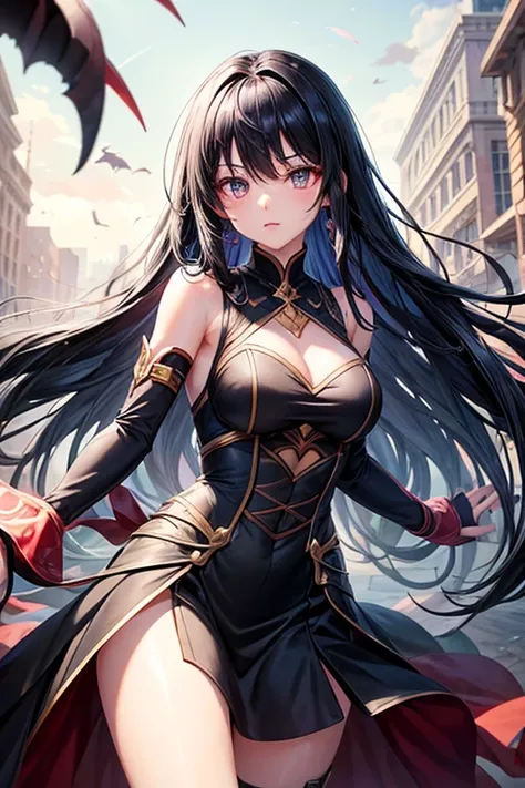 The girl I met in another world。
Hair is black。
Hairstyle: Long hair。
Her eye color is heterochromatic.。
Colorful。
A dynamic pose。
Using dark magic。
In combat。
The background is well designed。
Leave the location to us。
Beautiful anime illustrations。
Dress ...