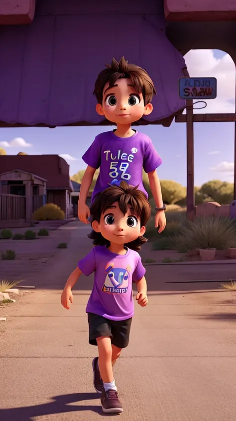 Children run on route 66 with T-shirt purple