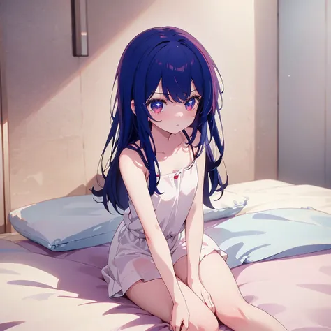 ((masterpiece)), ((Best Quality)), (Ultra-detailed), Anime style, Cute , 1girl in, Solo, 8k, sitting on the bed, young girl , flat chest, bare shoulders , shy girl 