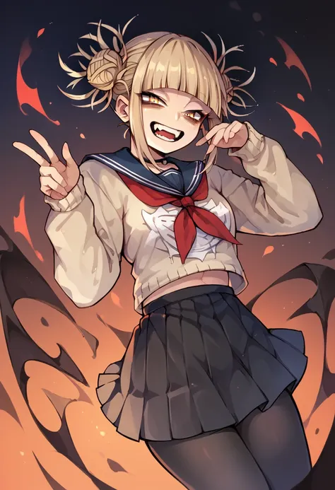 himiko toga while reaching out and taking a photo and dressed in a sexy gothic black outfit, with black tights and skirt and rev...