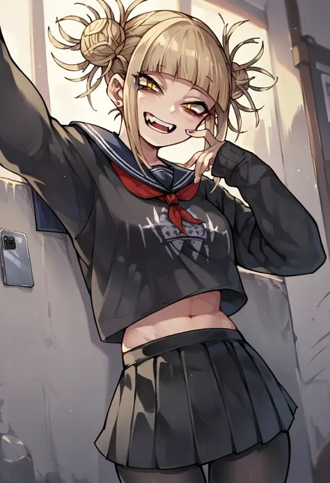 himiko toga while taking a selfie and dressed in a sexy gothic black outfit, with black tights and skirt and revealing (whole bo...