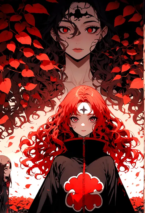 Redhead girl with wavy hair, with black eyeliner, visiting akatsuki outfit, with the sharingan in both eyes, On his forehead he wears a band with the village plaque between the leaves, She is facing the camera and behind her there is a red crocodile-shaped...