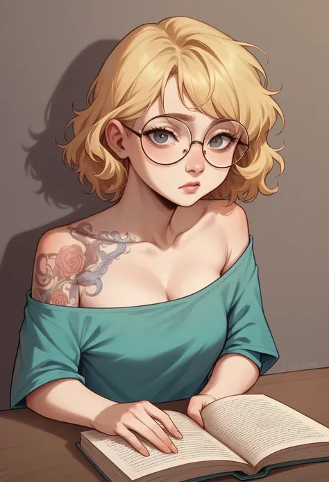 best qualityer, work of art, ultra high resolution, photorrealistic, 1 girl, Off The Shoulder, ssmile, Round face, square reading glasses,  , short wavy blonde hair, eyes browns, tattoo written “amor vincit ominia on the left collarbone, tattoo of an open-...