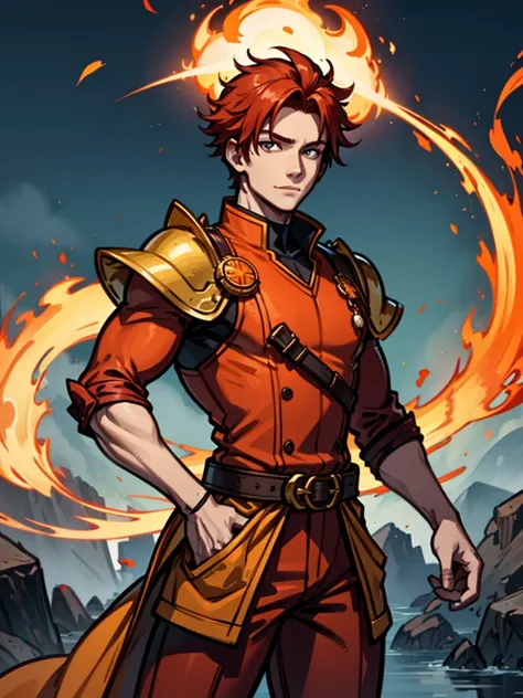 A young man，Red hair，flame，Cheerful，Sunlight，Orange clothes，brave，Fire Element，confidence，Standing，Ultra HD，Handsome，Mage