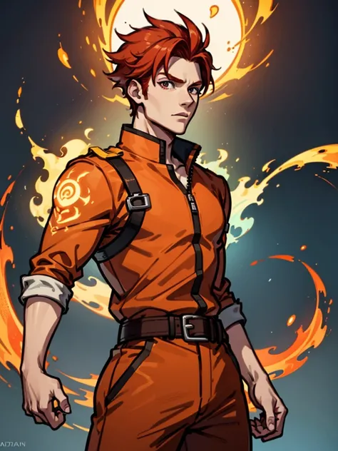 A young man，Red hair，flame，Cheerful，Sunlight，Orange clothes，brave，Fire Element，confidence，Standing，Ultra HD，Handsome，Mage