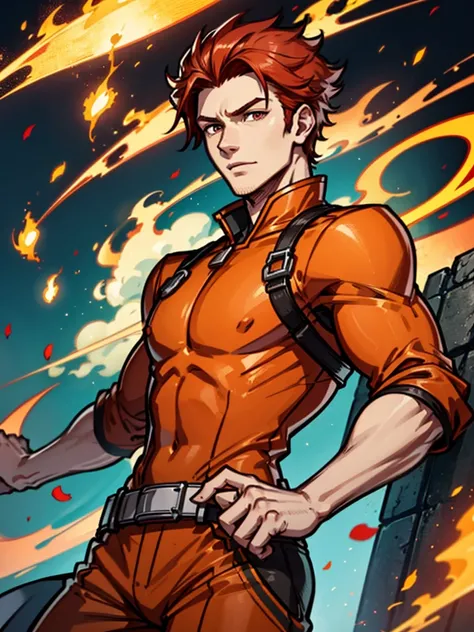 A young man，Red hair，flame，Cheerful，Sunlight，Orange clothes，brave，Fire Element，confidence，Standing，Ultra HD，Handsome，Mage