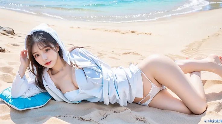 best resolution, Wearing a white hoodie in the clear blue sea、woman wearing thong panties、lying on the sandy beach。her hair is long、shine white、cute hairstyle