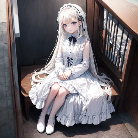 alone、1 girl、doll-joints、full body portrait、White gothic clothing、sleeveless、sit down、white skin