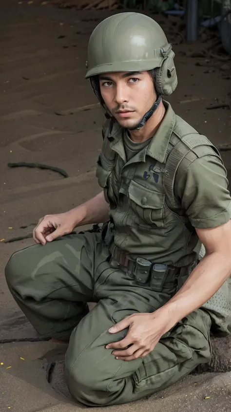 (masterpiece), best quality, expressive eyes, perfect face, All quiet on Indochina Front, man, sandbags, dirty, uniform, realistic, HD, Rifle M16, United States, American man, helmet, Vietnam, imperial, full body, bush, Vietnam war