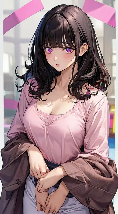 (masterpiece, best quality),
1girl, standing, undressing, hands on chest, cowboy shot,,

BREAK girl, 18yo, (medium breasts:1.1), black hair, (medium hair:1.2), (curly hair:0.9), blunt bangs,
pink eyes, ultra detailed eyes,(tareme:1.1),
half-closed eyes, bl...