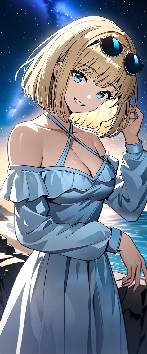 ((grin)), 風が強い, ((off-shoulder dress:1.3, criss-cross halter)), ((white sundress)), ((cleavage)), ((blond hair, bob cut:1.3)), ((sunglasses, hand to sunglasses)), (((from side))), ((((upper body)))), bare legs, (()), (((a beautiful starry sky, the Milky Wa...