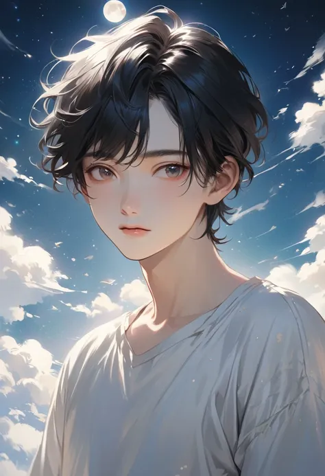 cute anime-style face, black hair with bangs, cute and delicate face, young cute pale Asian face, midday moon and stars in the sky, Realistic anime boy, A handsome boy in a white shirt