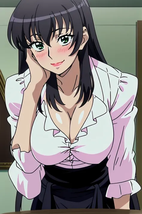 Morinoyuuko, wide, green eyes, too big breasts, lipstick, white shirt with suggestive neckline and black skirt, body average, 1 girl, Alone, sexy pose leaning on a table, blushing, Upper part of the body, SMILE, look in love