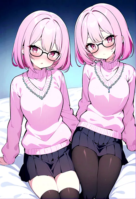 pink hair black glasses pink eyes extremely blushing a large pink sweater short black skirt at the waist chains black stockings that she is a reserved girl her bed that she is on her knees touching her butt