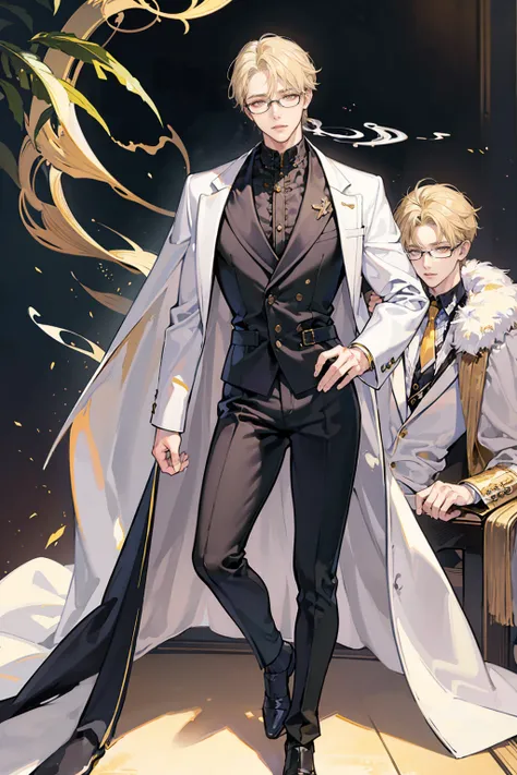 (masterpiece), best quality, seductive eyes, mature face, handsome man, yellow eyes, mid length blonde hair, full bangs covering his forehead, white shirt, black pants, black coat, broad shoulders, anime cover, 1boy, masculine, glasses, hirotaka nifuji, sm...