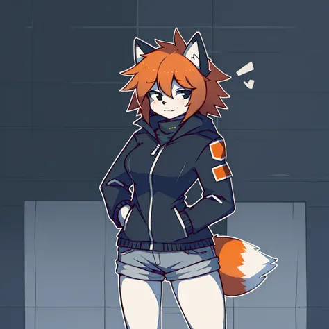 girl, red panda, furry, breasts, orange hair, disheveled, short hair, black eyes, gray winter jacket with details, alone